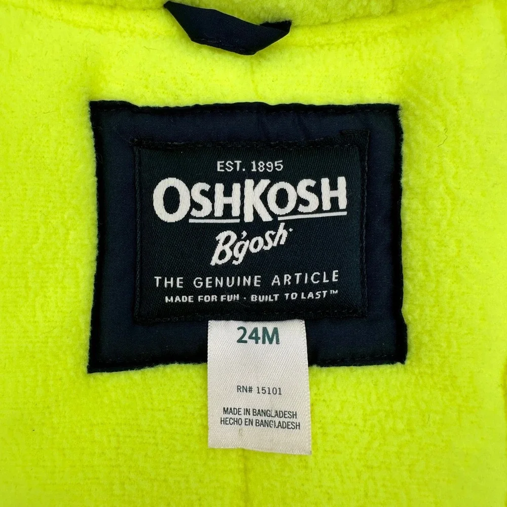 OshKosh B'gosh‎ Navy Blue Neon Yellow Trim Hooded Winter Jacket Kids 24M
